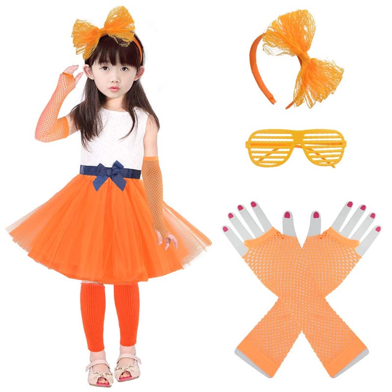 Miayon 1980s Fancy Outfits Dress Costume Accessories for Girl Kids Halloween Orange - Image 5